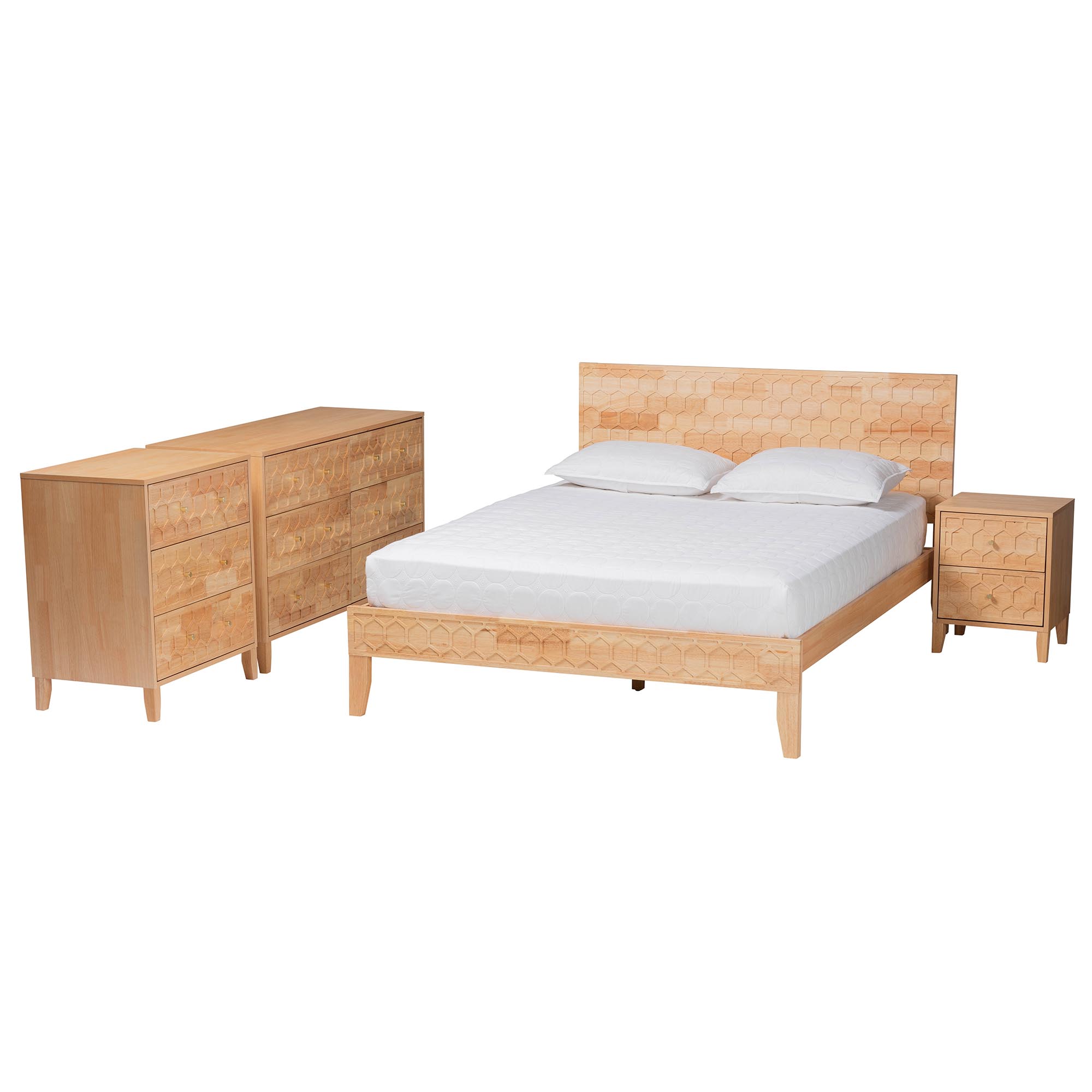 Baxton Studio Hosea Japandi Carved Honeycomb Natural Queen Size 4-Piece Bedroom Set